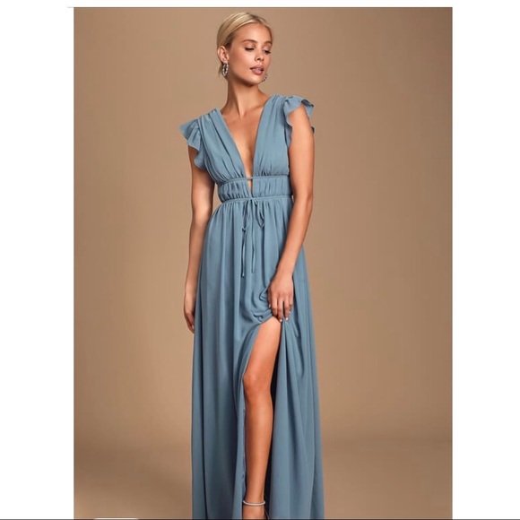 Lulu’s I’m All Yours Slate Blue Ruffled Maxi Dress - Picture 2 of 5